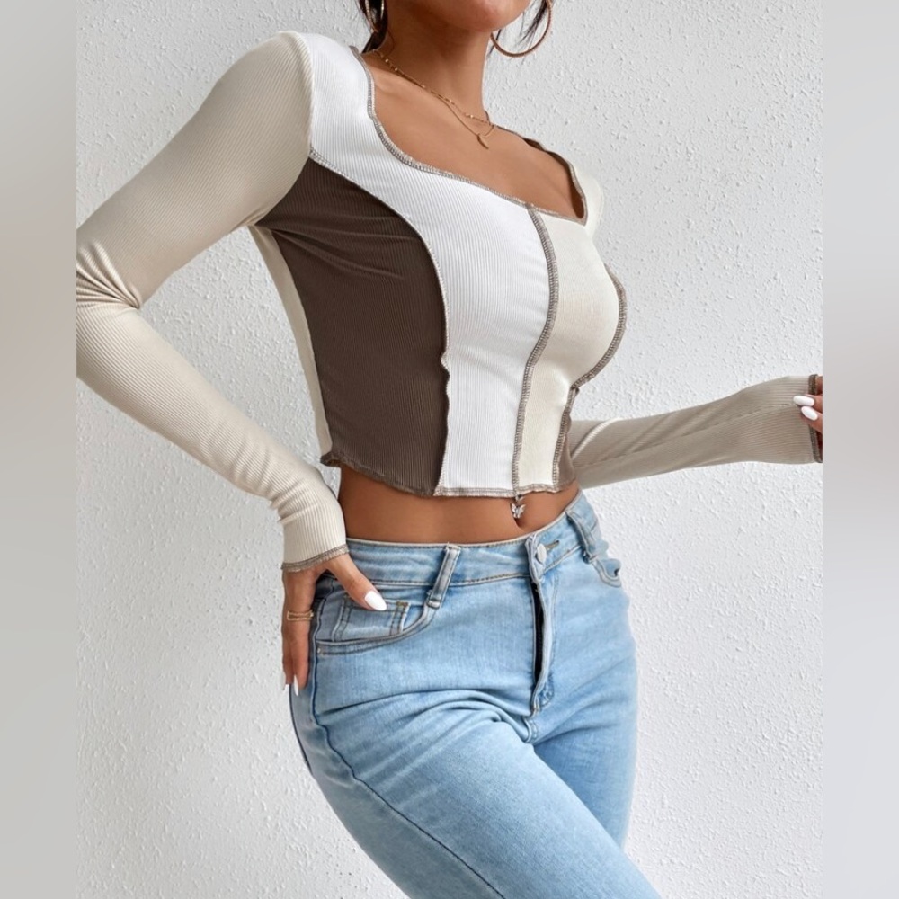 SHEIN Multi Color Block Top-stitching Square Neck Crop Tee